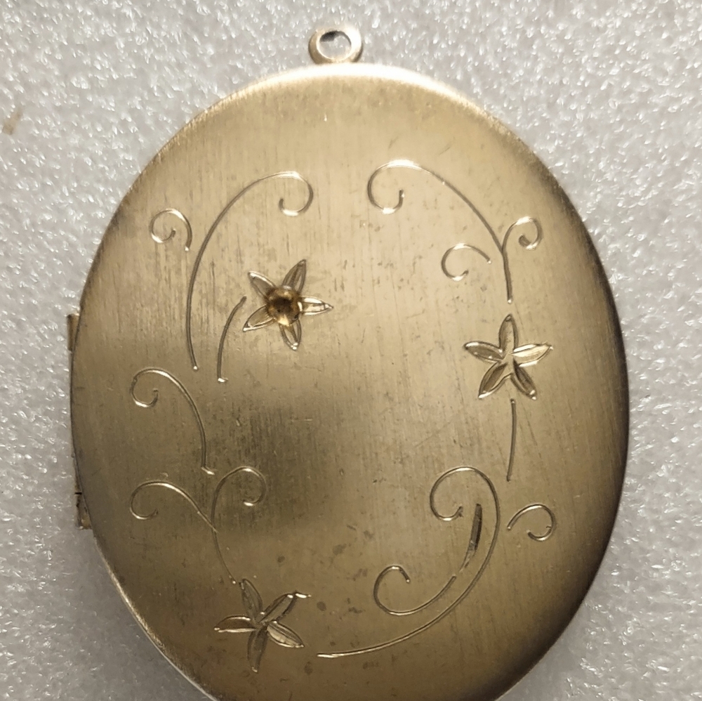 Gold Locket Pendant Topaz Crystal Etched Floral Design
